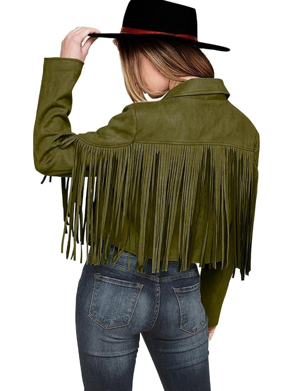 Women Army Green Long Sleeve Slim Fall Fringe Suede Faux Leather Winter Jackets